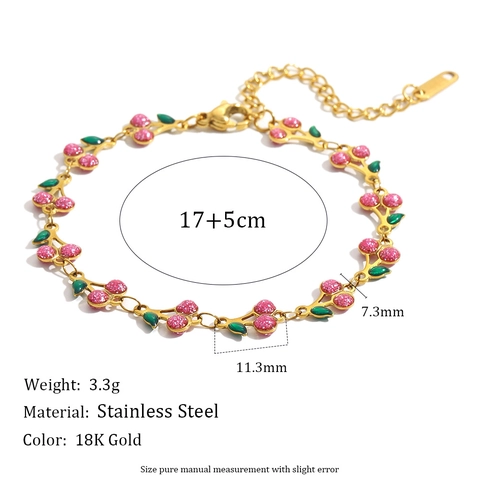 Cherry Bracelet Stainless Steel 18K Gold Plated Colorful Enamel Glitter Fruit Pendant Adjustable Fashion Jewelry For Women