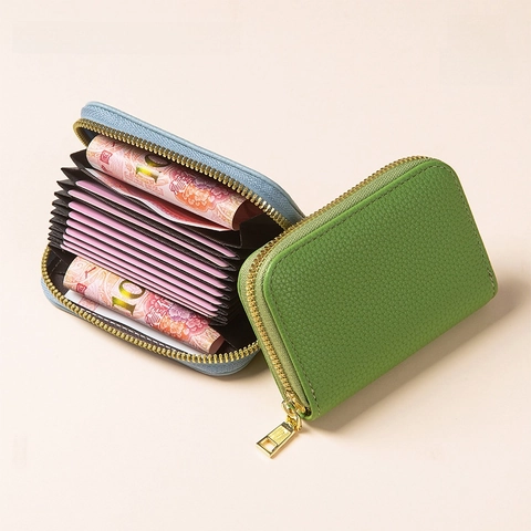 Portacarte Blocco RFID Pelle PU Motivo Litchi Fisarmonica Portafoglio Cerniera Slot Multipli Portamonete Compatto Per Donne