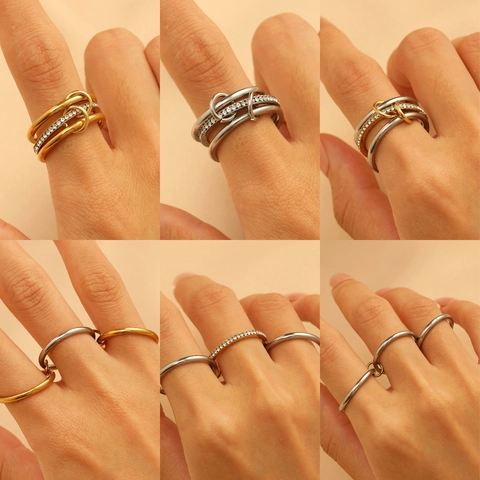 Interlocking Stackable Rings Multi Layer Stainless Steel Mixed Metal Zirconia Geometric Minimalist Jewelry For Women