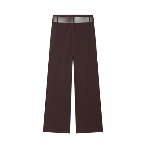 Women High Waist Wide Leg Pants With Faux Leather Belt Metal Buckle Elegant Business Casual Straight Trousers Brown