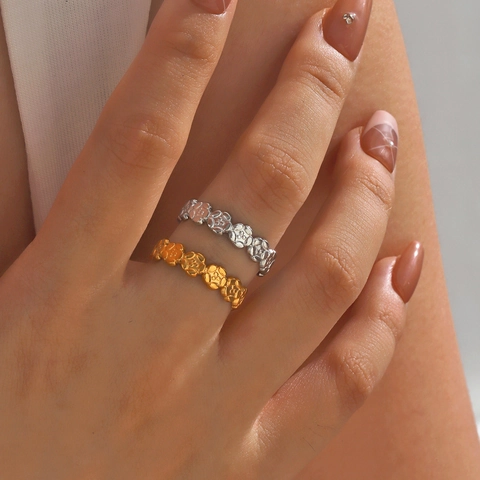 Anillo De Flor Acero Inoxidable Chapado En Oro Al Vacío Ajustable Banda Abierta Hueca Joyería Minimalista Para Mujer