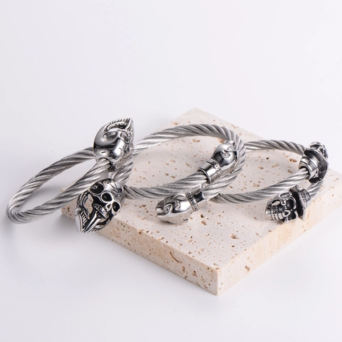 Bracciale Rigido Teschio Testa Animale Acciaio Inossidabile Cavo Intrecciato Design Punk Gothic Gioielli Aperto Regolabile