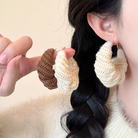 Twisted Crochet Knitted Hoop Earrings With Silver Earring Post Round Vintage Autumn Winter Fashion Jewelry For Women