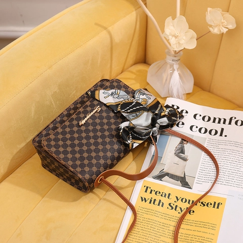Women's Crossbody Bag Retro Monogram PU Leather Small Square Handbag With Decorative Satin Scarf Vintage Fashion Shoulder Purse