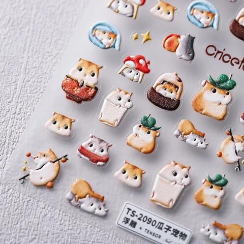 5D Embossed Nail Stickers Cute Cartoon Hamster Patterns Self Adhesive Ultra Thin Texture Manicure Decoration For Women Girls