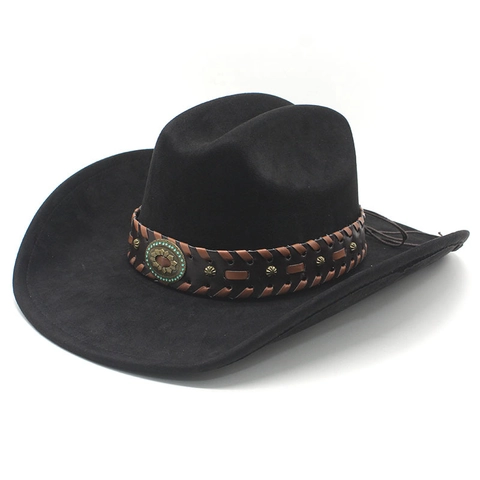Westerse Cowboyhoed Suède Polyester Vilt Brede Rand Gevlochten Leren Band Turquoise Klinknagels Decor Retro Etnische Stijl