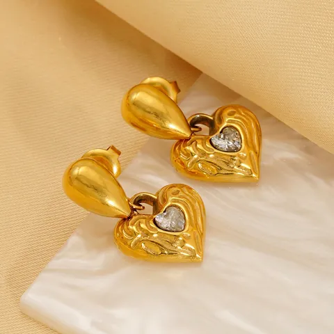 Ig Inlaid Diamond Hammered Heart Earrings For Women Real Gold Plated Titanium Steel Stud Earrings