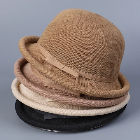 Women Knitted Cloche Hat Elegant Bow Decor Breathable Sunshade Wide Rolled Brim Cotton Blend Soft