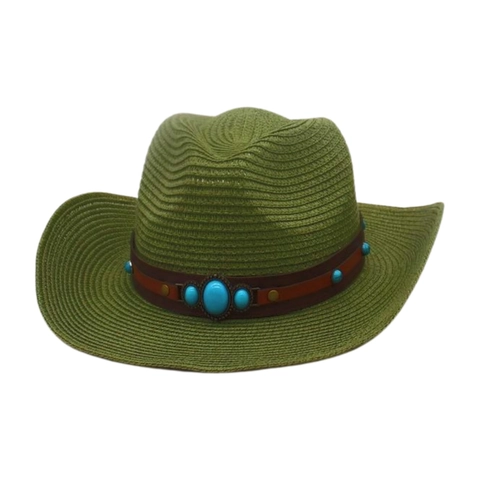 Chapeau de Paille Cowboy de l'Ouest pour Femme Style Bohême Large Bord Chapeau de Soleil Avec Ceinture en Cuir Turquoise