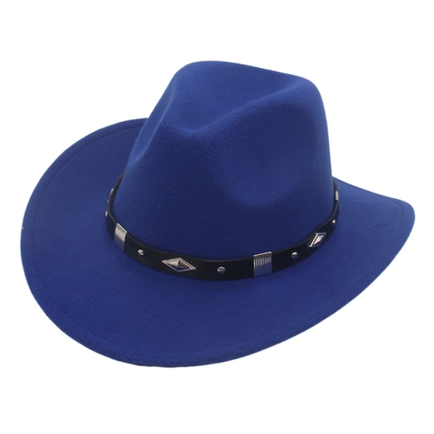 Western Cowboy Hat Wool Felt Fedora With Faux Leather Band Metal Studs Wide Rolled Brim Retro Unisex Outwear Accessory