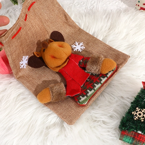 Sac Cadeau De Noël Renne Peluche Toile De Jute Pochette À Cordon Fête De Vacances Rangement Bonbons Décoration