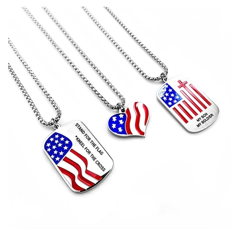 American Flag Pendant Necklace 304 Stainless Steel Dog Tag Heart Shape Patriotic Military Son Gift Jewelry
