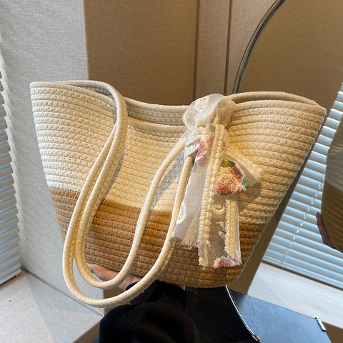 Dames Mode Geweven PU Leer Schoudertas Grote Capaciteit Kleurblok Handtas Met Lint Kant Decoratie