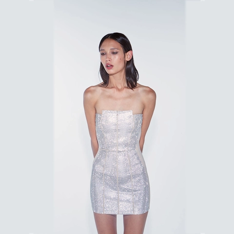 Trägerloses Bandage Minikleid Silber Pailletten Körperbetont Party Clubwear Rückenfrei Schlanke Passform Für Damen