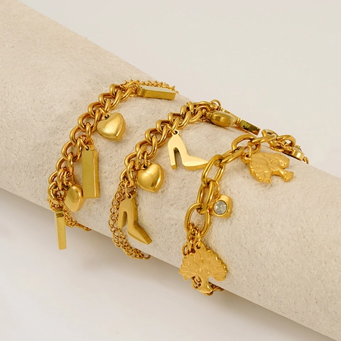 Elegante Bracciale Con Ciondoli Da Donna In Acciaio Inossidabile Placcato Oro 18K Catena Multistrato Pendente Cuore Albero Della Vita