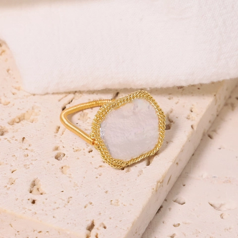Handmade Baroque Natural Freshwater Pearl Ring 18K Gold Plated Irregular Geometric Ring For Women Fashion Jewelry Gift