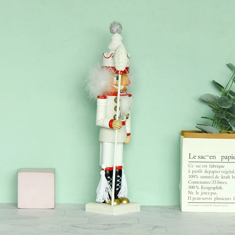 Houten Notenkraker Soldaat Koning Kerstversiering Wit Goud Handbeschilderd Glitter Bont Bureau Ornament