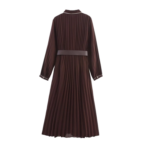Elegant Pleated Midi Dress Chiffon Long Sleeve Contrast Piping Shirt Collar A-Line With Belt For Women Retro Solid