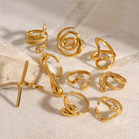 Anillo Abierto de Acero Inoxidable Chapado en Oro de 18K para Mujer Anillo de Dedo Geométrico Irregular Onda Impermeable Hipoalergénico Joyería de Moda