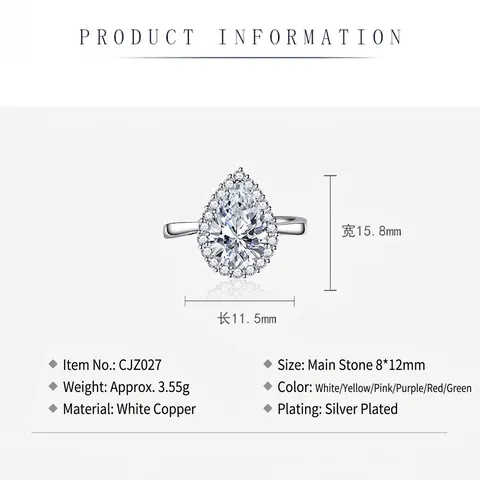 Anillo Halo Taglio Pera Goccia D'acqua Zirconia Cubica Regolabile Rame Placcato Argento Gemma Gioielli Lusso Donne