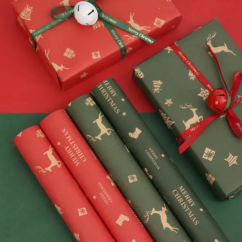 Christmas Gift Wrapping Paper Kraft Paper Reindeer Bell Patterns Holiday Gift Decor Vintage Xmas Style