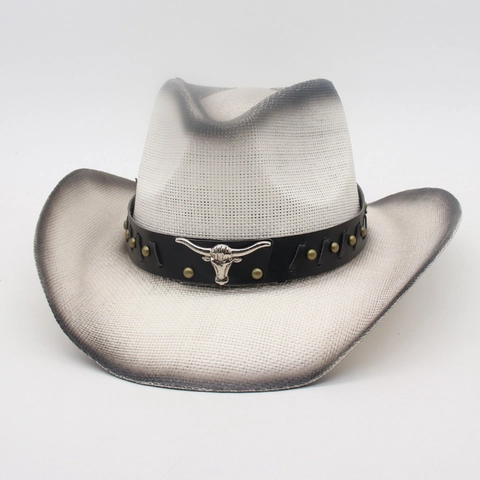 Vintage Western Cowboy Straw Hat Wide Brim Woven Sun Hat With Metal Bull Head Leather Band Rivets For Men Women