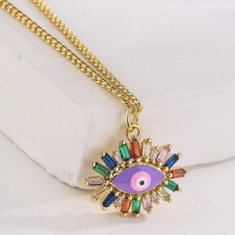 Evil Eye Anhänger Halskette 18 Karat Vergoldet Kupfer Bunter Zirkonia Emaille Boho Modeschmuck Für Damen