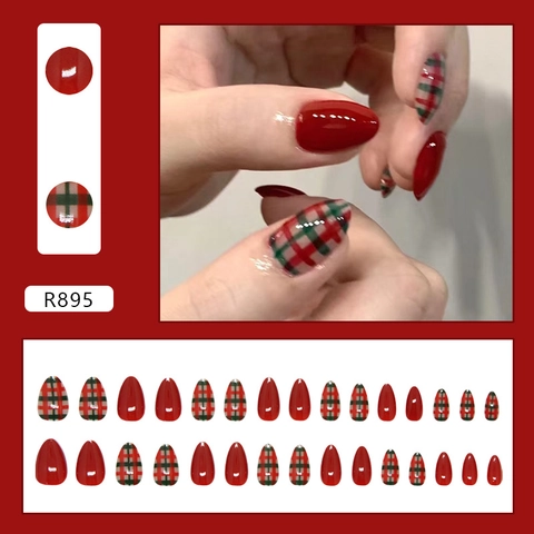 Faux Ongles à Presser Noël Plaid Rouge Vert Forme Amande Brillant Couverture Complète Ongles Festifs Avec Colle Pour Femmes