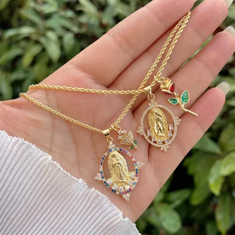 Religious Virgin Mary Cherry Rose Pendant Necklace Copper 18K Gold Plated Zirconia Chain Necklace For Women Men Everyday Jewelry Gift