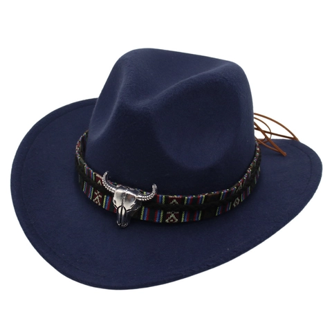 Kids Western Cowboy Hat Ethnic Braided Band Bull Head Metal Decor Felt Wide Brim Vintage Outdoor Sunshade