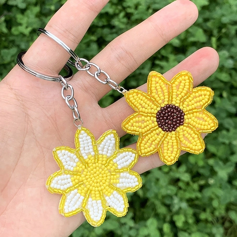 Porte-clés Bohème en Perles de Verre Fait à la Main Fleur Marguerite Flamant Rose Fraise Cerise Feuille Monstera Pendentif Sac