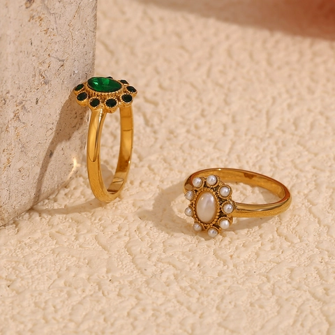 Vintage Luxury Ring For Women Stainless Steel 18K Gold Plated Green Gem Oval Artificial Pearl Cluster Floral Design
