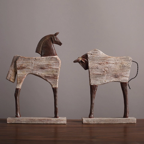 Sculpture Animale Vintage Ornement Résine Texture Grain De Bois Cheval Taureau Figurine Statue Art Rétro Pour Maison Salon Bureau Décor