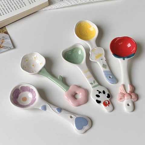 Cute Ceramic Dessert Spoon Long Handle Hand-painted Aesthetic Coffee Spoon For Home Kitchen Yogurt Oatmeal Tableware Gift