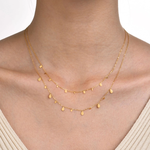 Double Layer Stainless Steel Necklace For Women Geometric Teardrop Square Triangle Pendants Shining Rhinestone Trendy Jewelry