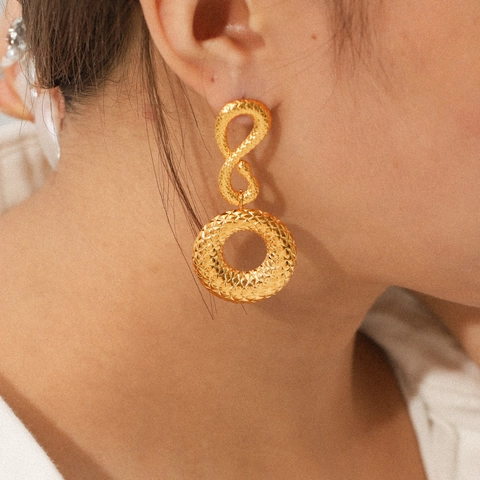 Vintage Slang Textuur Ronde Hoop Hanger Oorbellen Roestvrij Staal 18K Verguld Trendy Sieraden Voor Dames