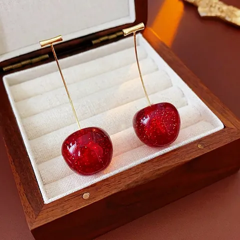 Orecchini A Ciliegia In Resina Rossa Con Perno In Argento Glitter Gioielli Frutta Traslucidi Per Donne Ragazze Chic