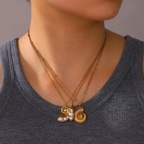 Stainless Steel Ocean Nautilus Shell Pendant Necklace Earring Set 18K Gold Plated Artificial Pearl Zircon Jewelry For Women