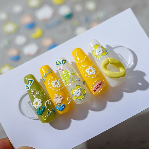 3D Relief Nail Stickers Cute Cartoon Rabbit Bear Flower Adhesive Decals For Women Girls DIY Manicure Art Decoration
