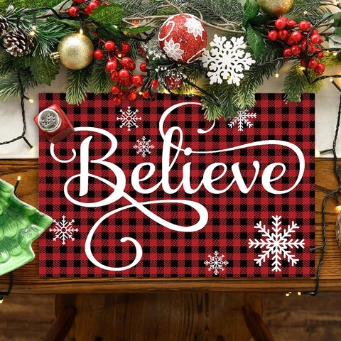 Mantel Individual Navidad Cuadros Búfalo Letras Believe Copo Poliéster Tapete De Mesa Resistente Al Calor Decoración