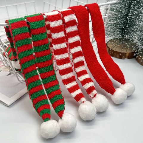 Mini Christmas Knitted Scarf Festive Decorative Doll Accessories Polyester Yarn Striped Bottle Ornament With Pom Poms