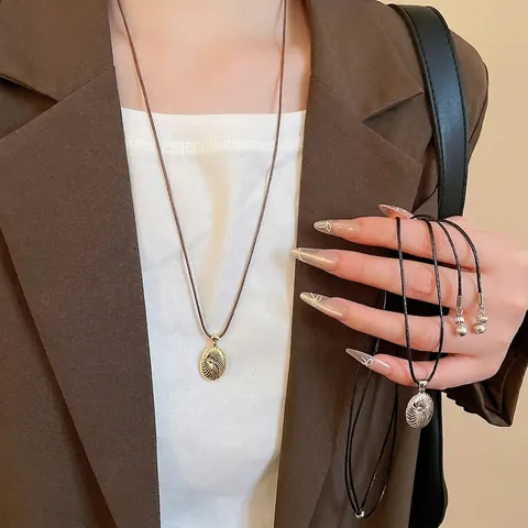 Retro Alloy Spiral Texture Oval Pendant Long Necklace With Brown Wax Rope Cord Fashion Sweater Chain For Women