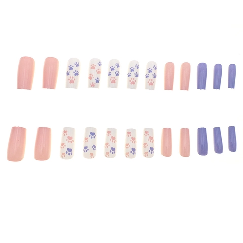 Lange Vierkante Press On Nagels Zoete Macaron Roze Paars Kattenpoot Patroon Acryl Kunstnagels Voor Dames Manicure Decoratie
