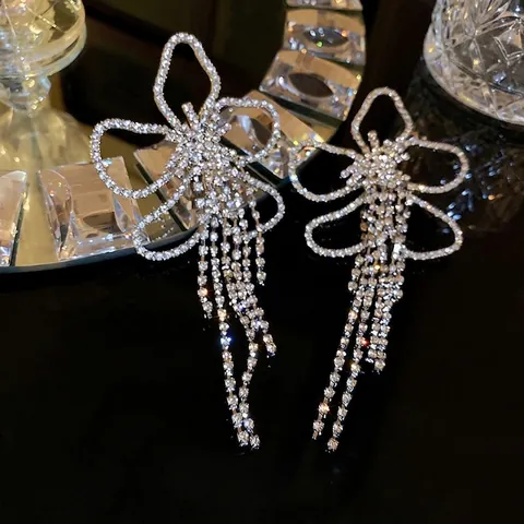 Flower Bowknot Long Tassel Earrings Alloy Rhinestone Shiny Party Wedding Jewelry For Women With Silver Earring Post