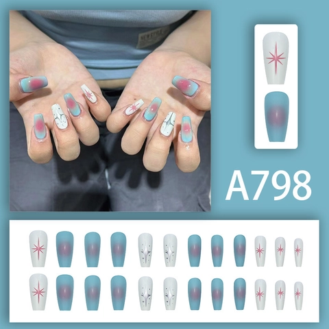 Unghie Finte Long Coffin Sfumate Blush Blu Rosa Motivo Stella Unghie Lucide Riutilizzabili