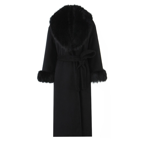 Damen Eleganter Langer Wollmantel Mit Kunstfellkragen Und Bündchen Gürtel Einreihig Winter Mode Freizeit Jacke