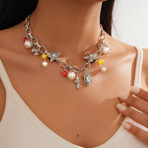 Collar De Cadena Gruesa De Aleación Retro Con Dijes De Cruz Estrella Sombrero De Vaquero Perla Artificial De Imitación Joyas