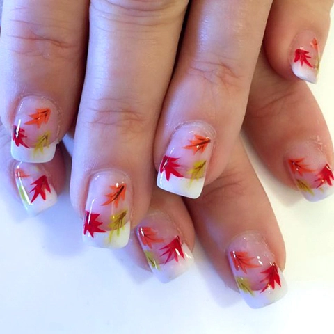 Short Square Press On Nails Autumn Maple Leaf French Tip Glossy Artificial Fake Nails ABS DIY Manicure For Women
