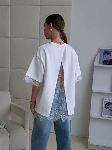 Women T-Shirt Lace Patchwork Back Split Cotton Knit Short Sleeve Round Neck Solid Color Casual Loose Top