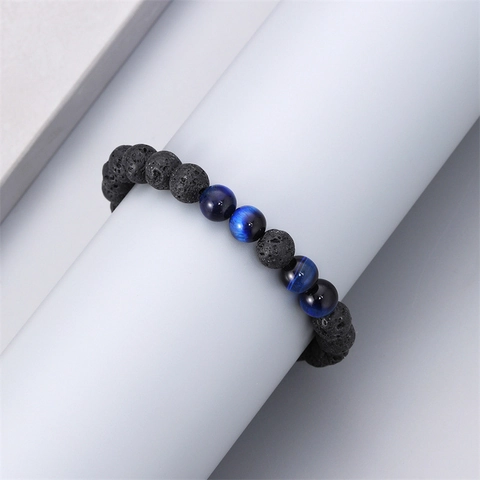 Beaded Bracelet Volcanic Stone Blue Tiger Eye Natural Gemstone Adjustable Woven Cord Handmade Jewelry Men Unisex